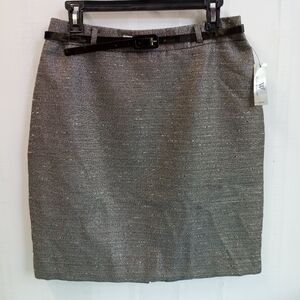 NWT Worthington Womens Belted Pencil Silver Metallic Black White Lined Skirt 6P